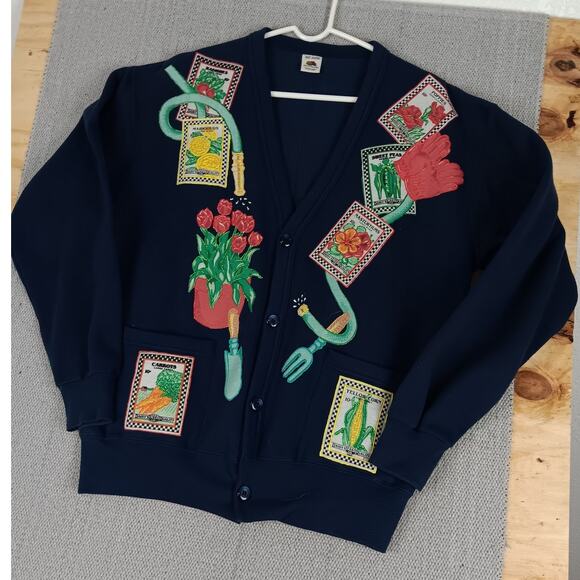 Fruit of the Loom Vintage Sweatshirt Cardigan OSFA Navy Blue Patched Garden Boho - Picture 3 of 13